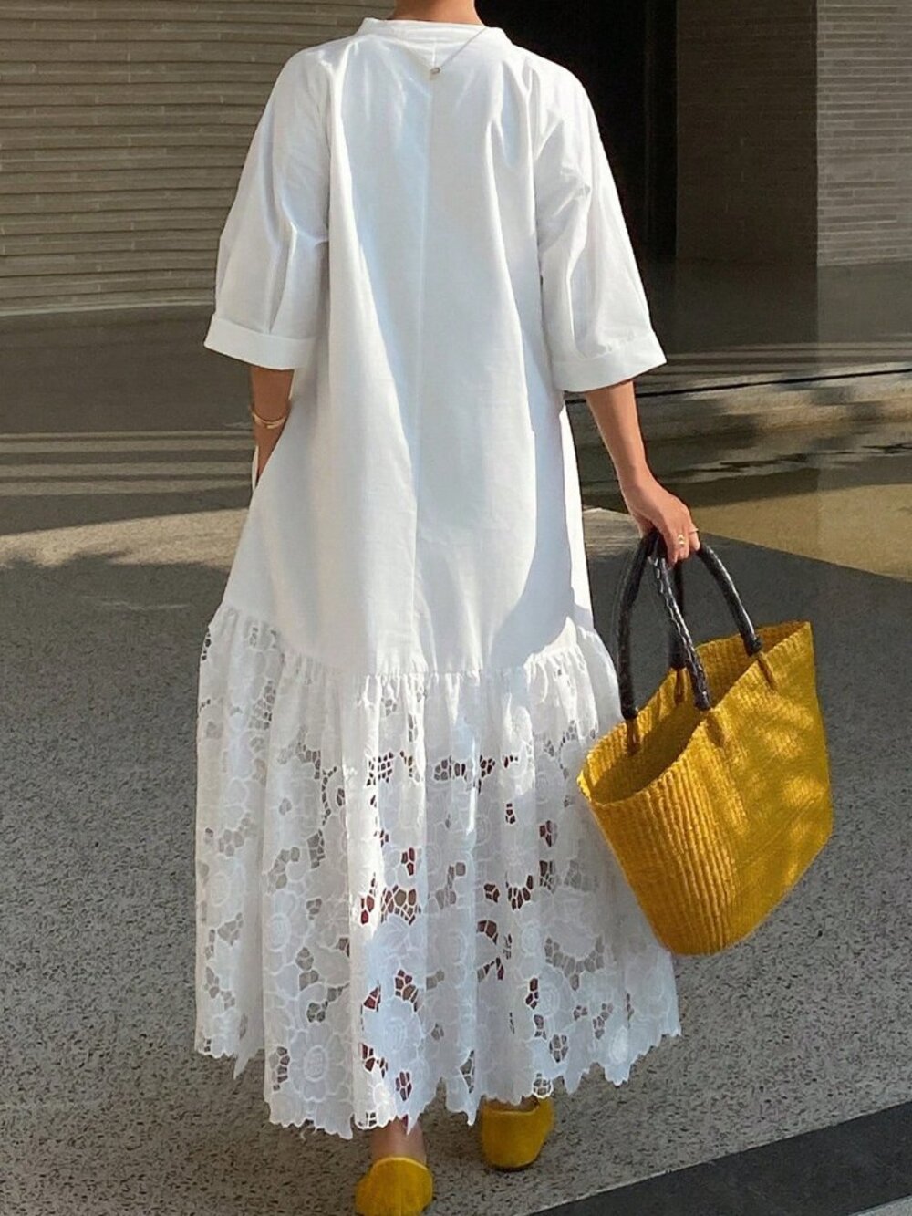 Beige Elegant Casual Women's Lace Patchwork Stand Collar Long Shirt Dress - Picture 2 of 9